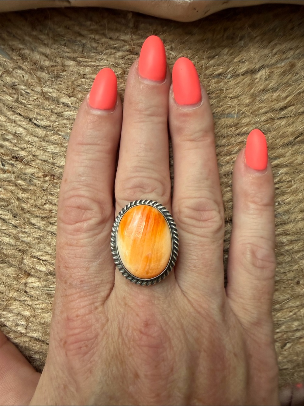 Handcrafted Native American Orange Spiny Stone Sterling Silver-Statement Ring - Picture 5 of 6